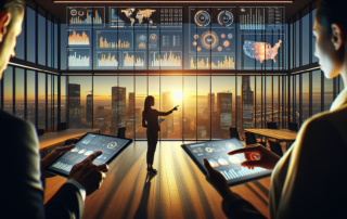 AI property underwriting dashboard showing real estate analytics and valuation data in a modern office