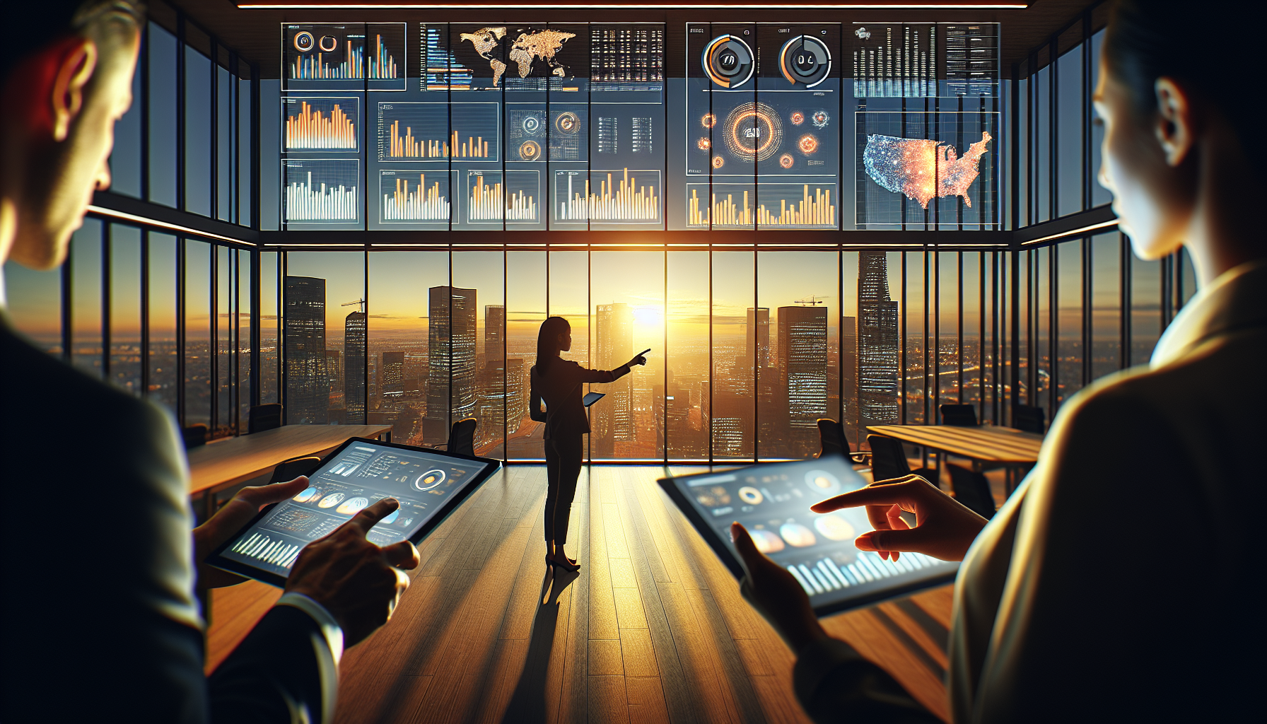 AI property underwriting dashboard showing real estate analytics and valuation data in a modern office