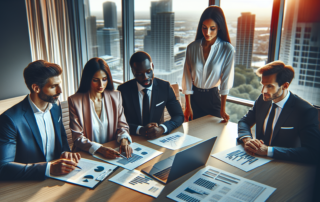 Crowdfunding due diligence meeting where investors review real estate offering documents around a conference table