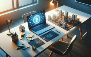 Crypto real estate investing concept showing blockchain visualization, property models, and cryptocurrency on a modern workspace desk