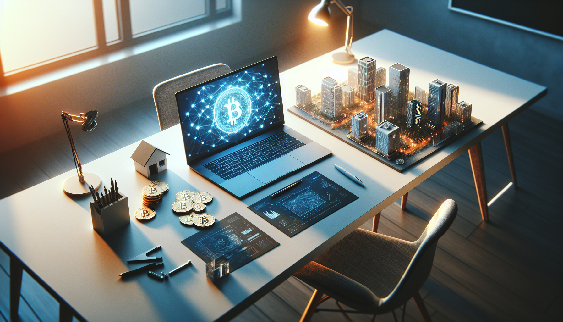 crypto-real-estate-investing-blockchain-property Crypto real estate investing concept showing blockchain visualization, property models, and cryptocurrency on a modern workspace desk