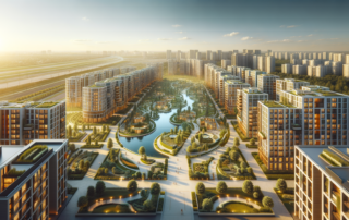 DSCR real estate crowdfunding - modern real estate development with apartment buildings and green spaces