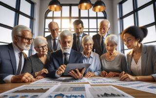 Retirement-age investors reviewing fractional real estate IRA investment options in a modern advisory office