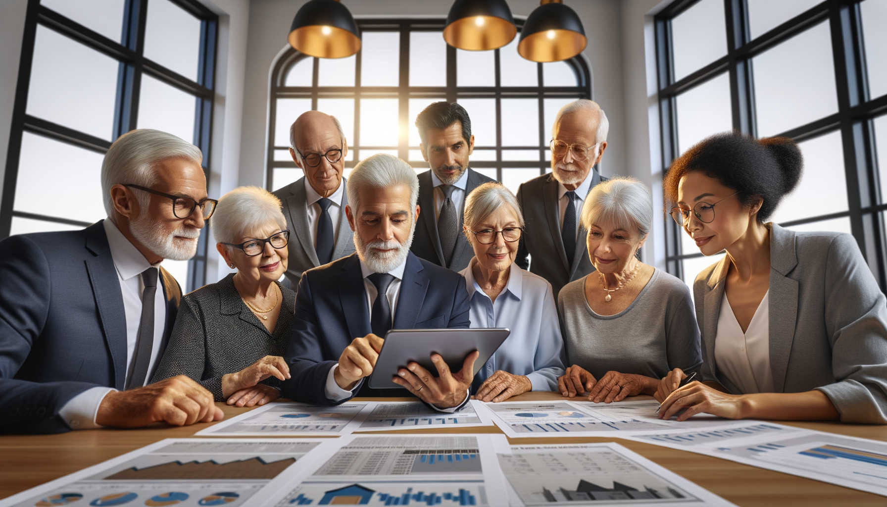 fractional-real-estate-ira-retirement-investing Retirement-age investors reviewing fractional real estate IRA investment options in a modern advisory office