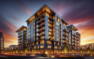Multifamily syndication evaluation - modern apartment complex at sunset representing real estate investment opportunity