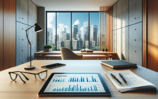 Real estate due diligence crowdfunding - investor reviewing property documents and financial analysis on a modern desk