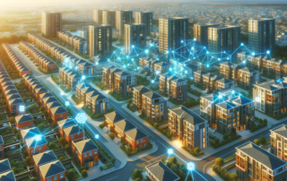 Aerial view of real estate tokenization concept showing buildings connected by blockchain network overlay, representing fractional digital property investment
