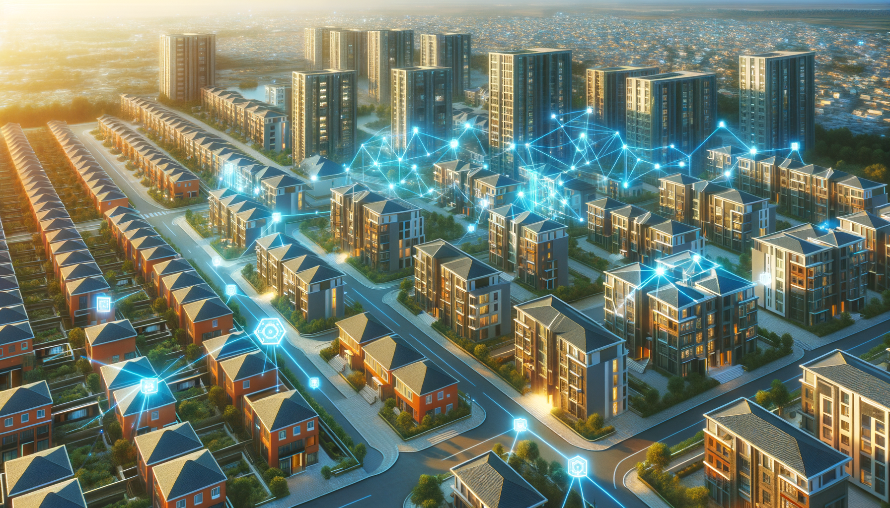 real-estate-tokenization-blockchain-fractional-investing Aerial view of real estate tokenization concept showing buildings connected by blockchain network overlay, representing fractional digital property investment