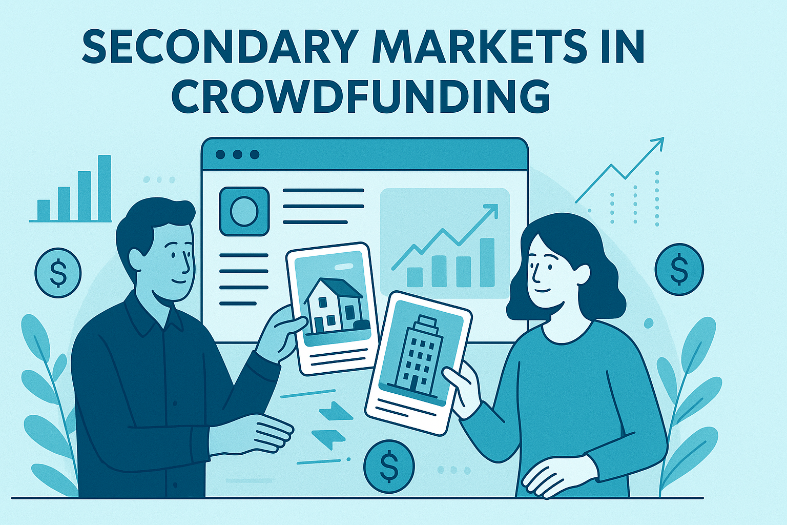 Secondary market crowdfunding platform showing investors trading Reg CF real estate securities on a digital marketplace