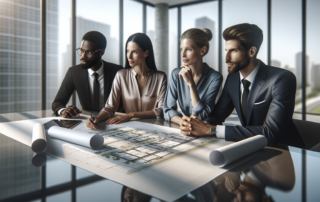 Syndication waterfall structures in real estate — professionals reviewing property investment blueprints around a conference table
