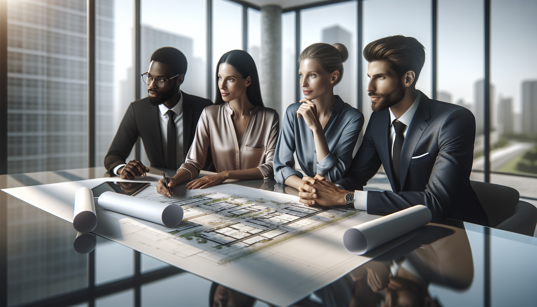 Syndication waterfall structures in real estate — professionals reviewing property investment blueprints around a conference table