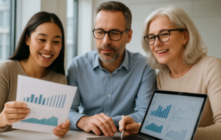 Alternative investment diversification — diverse investors reviewing portfolio documents and charts together