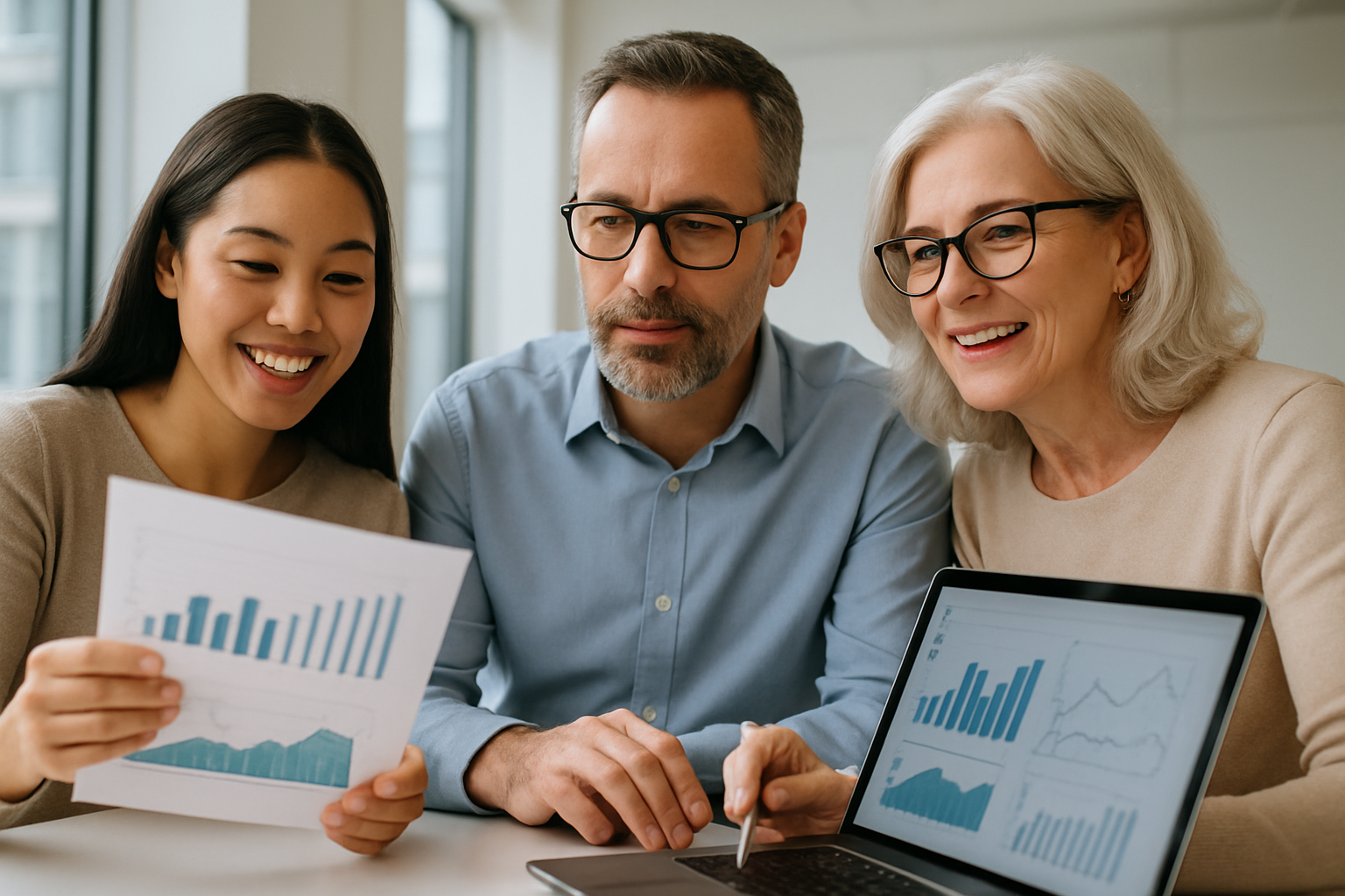 Alternative investment diversification — diverse investors reviewing portfolio documents and charts together