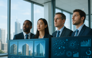 Asset tokenization platforms enabling investors to review tokenized real estate on digital screens in a modern office