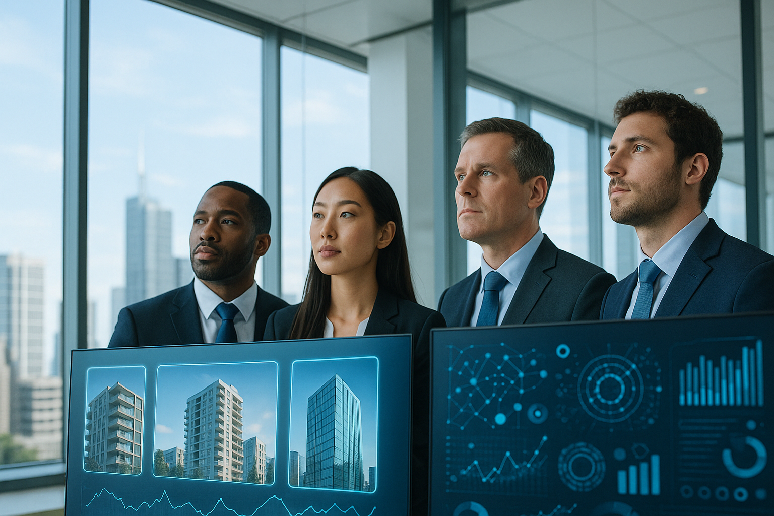 asset-tokenization-platforms-fintech-investors Asset tokenization platforms enabling investors to review tokenized real estate on digital screens in a modern office