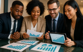 Investors analyzing crowdfunding investment metrics and real estate performance data around a conference table