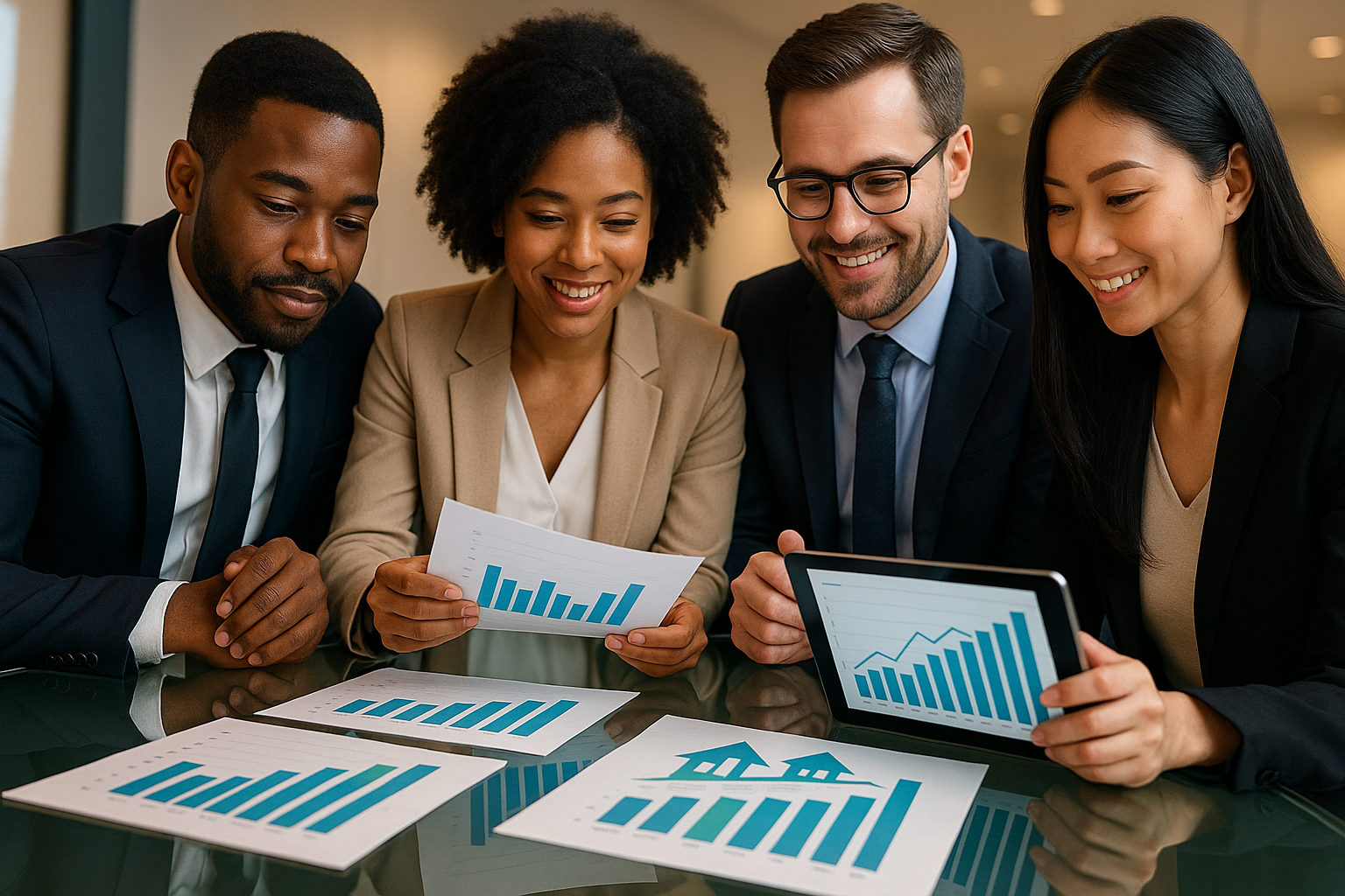 Investors analyzing crowdfunding investment metrics and real estate performance data around a conference table