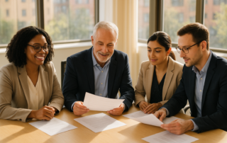 Crowdfunding investor protection - diverse group of investors reviewing offering documents at a conference table