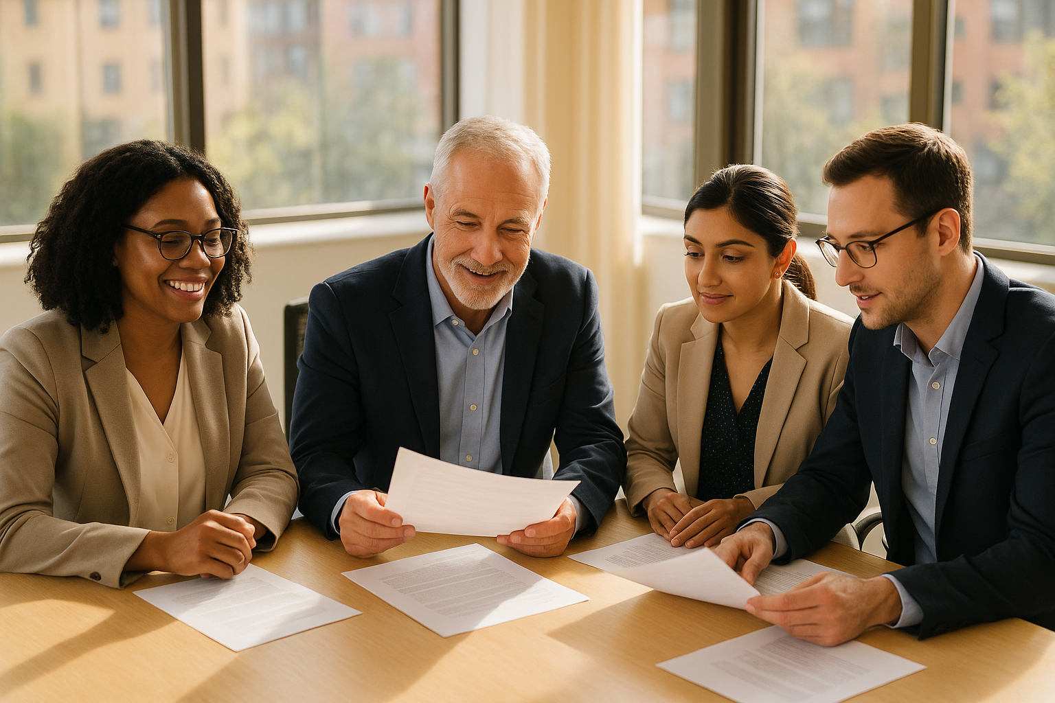 Crowdfunding investor protection - diverse group of investors reviewing offering documents at a conference table