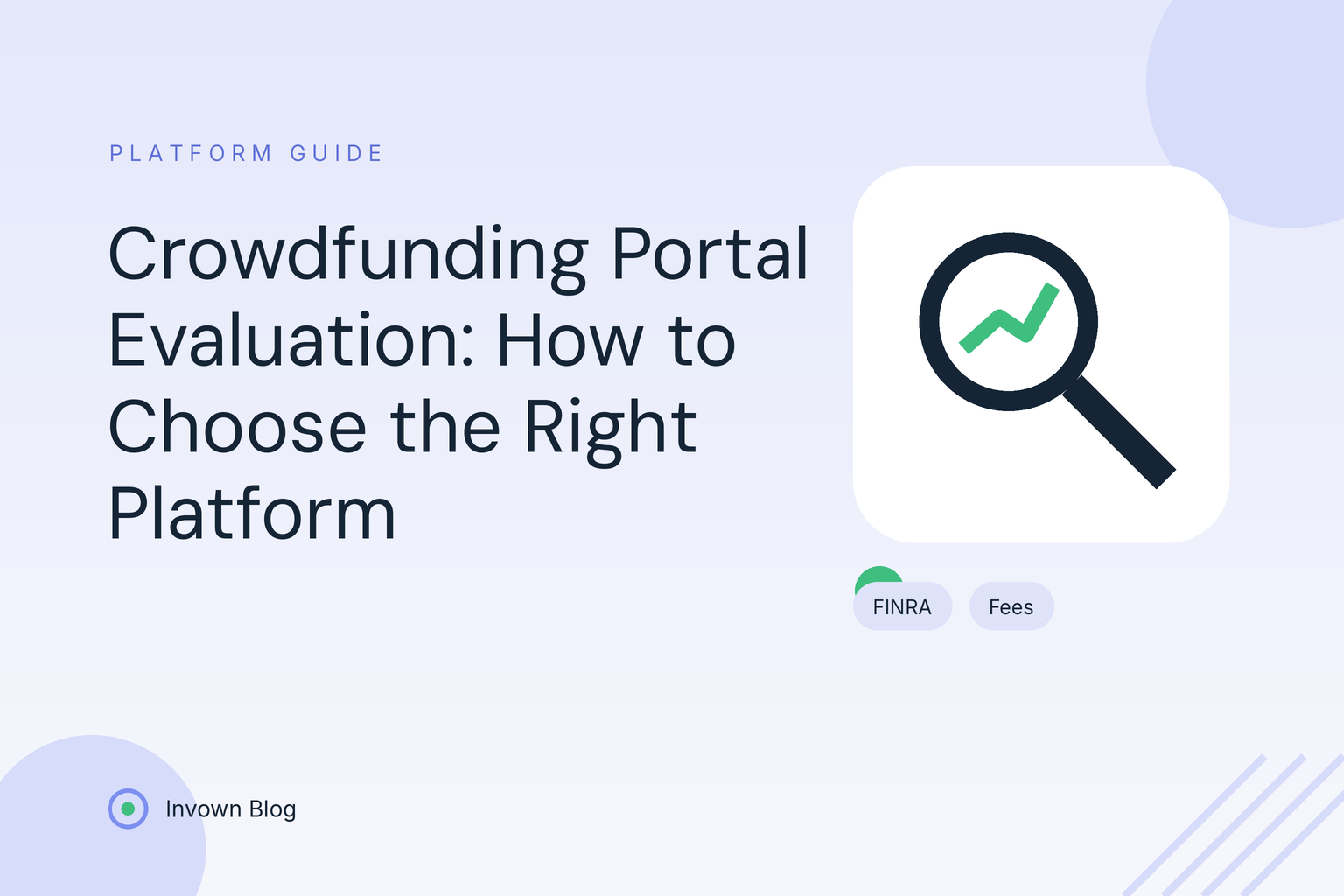 crowdfunding-portal-evaluation-investors-1 Illustration of a magnifying glass inspecting platform icons representing crowdfunding portal evaluation and fee comparison.