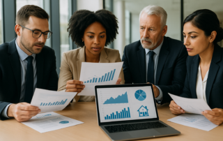 DSCR real estate metric - investors analyzing property financial data and debt service coverage ratios at a conference table