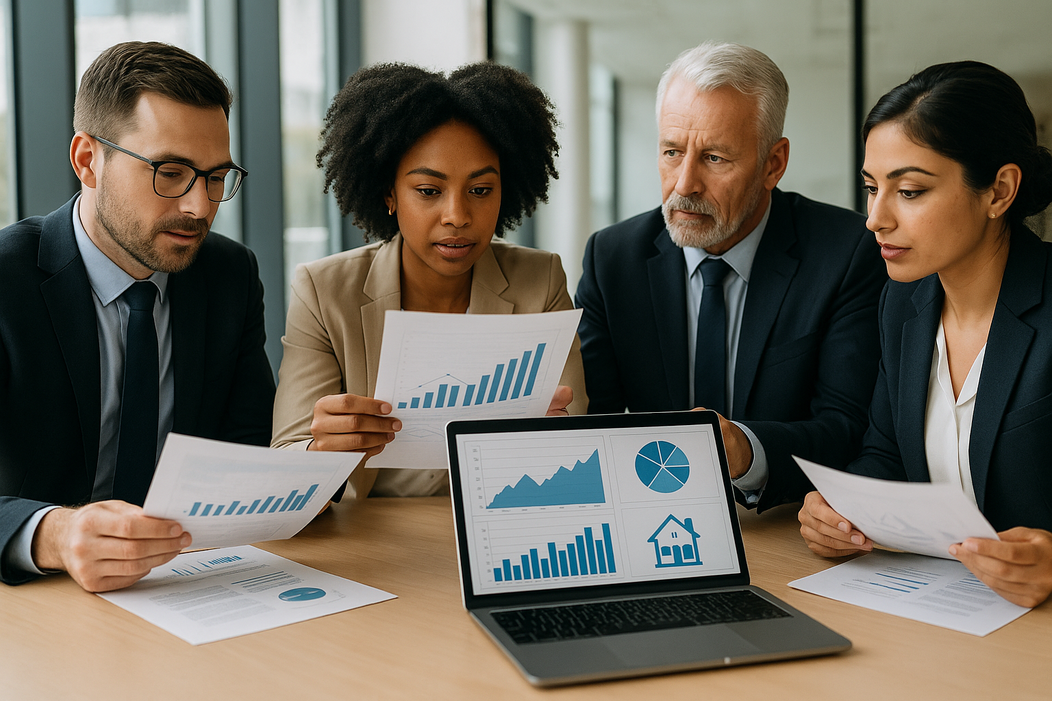 dscr-real-estate-investment-metric DSCR real estate metric - investors analyzing property financial data and debt service coverage ratios at a conference table
