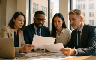 Reg A+ mini IPO investors reviewing offering documents at a modern conference table