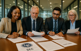 SEC Reg CF guidance 2026 — professionals reviewing crowdfunding compliance documents at a conference table