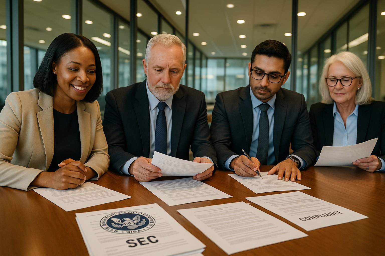 SEC Reg CF guidance 2026 — professionals reviewing crowdfunding compliance documents at a conference table