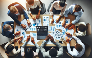Startup capital raising team reviewing investment documents and financial data at a modern office table