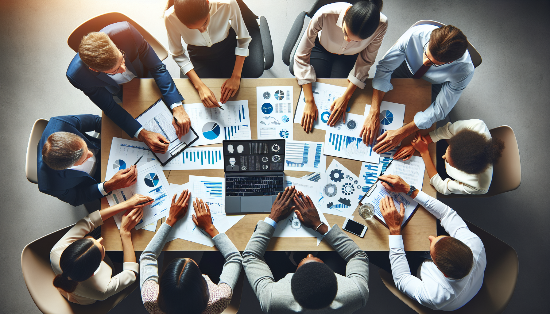 Startup capital raising team reviewing investment documents and financial data at a modern office table