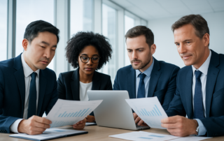Startup due diligence — investors reviewing financial documents and business data at a conference table