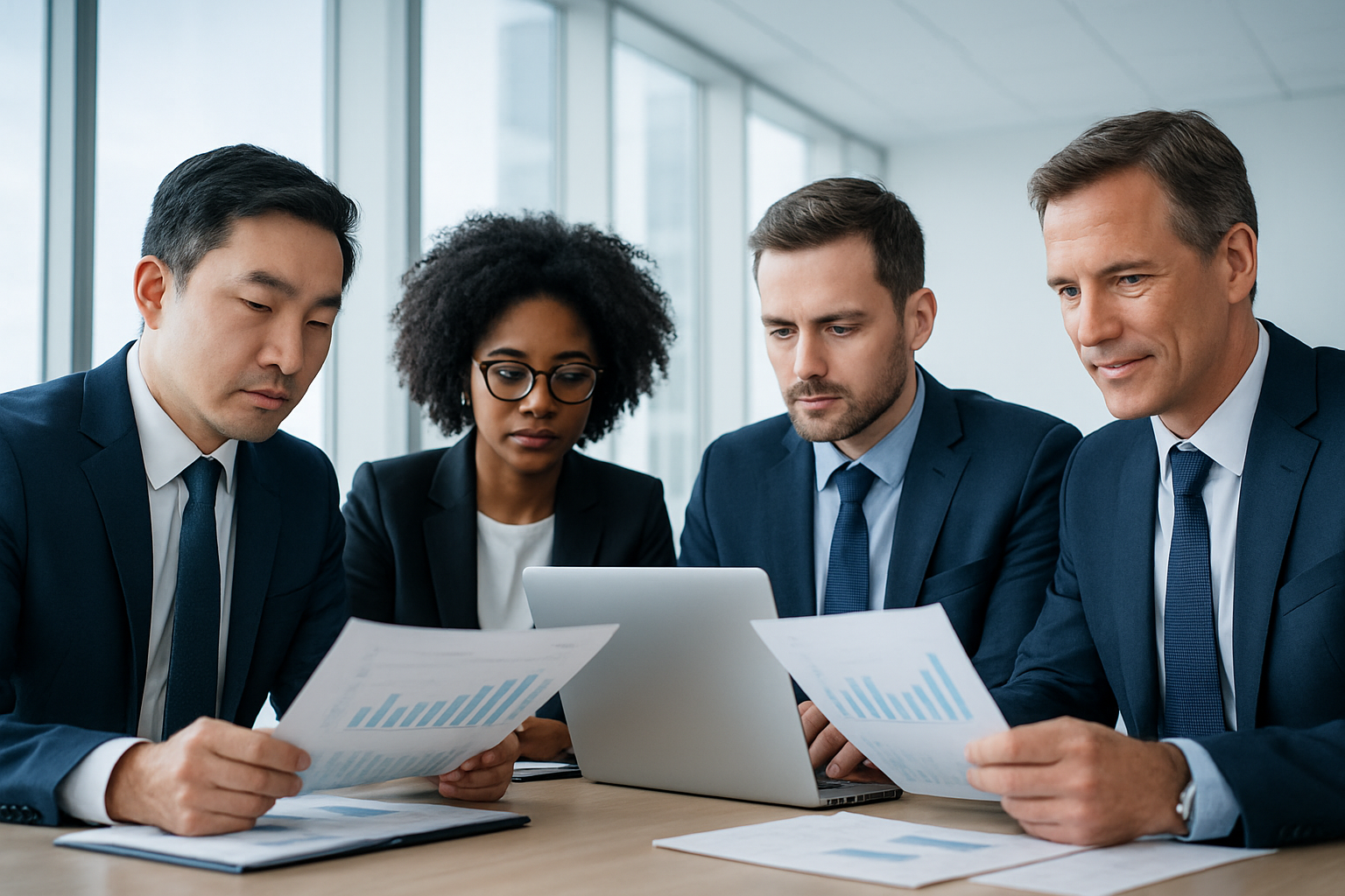Startup due diligence — investors reviewing financial documents and business data at a conference table