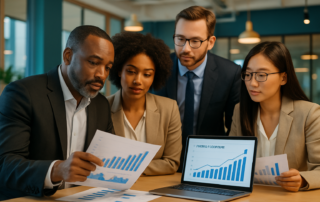 Investors evaluating startup valuation crowdfunding data and financial charts in a modern office