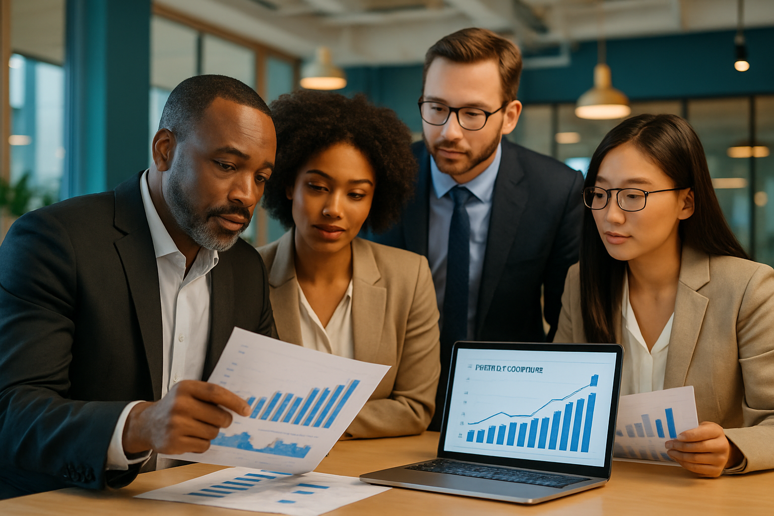 Investors evaluating startup valuation crowdfunding data and financial charts in a modern office