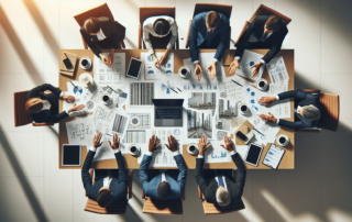 Syndication fee structures overview showing investors reviewing real estate partnership documents at a conference table