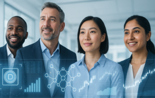 Tokenized securities investors reviewing digital financial data on holographic screens in a modern office