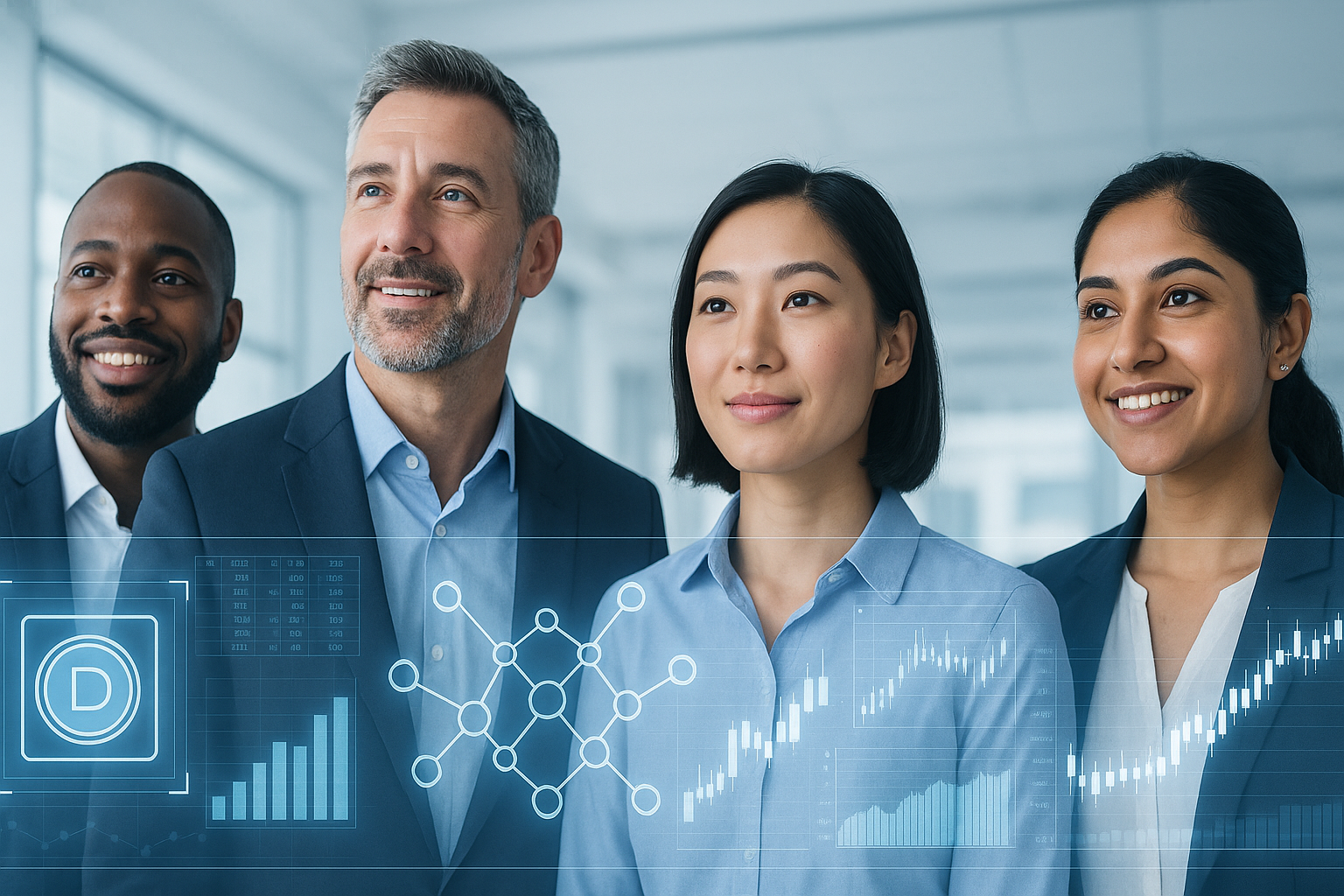 Tokenized securities investors reviewing digital financial data on holographic screens in a modern office