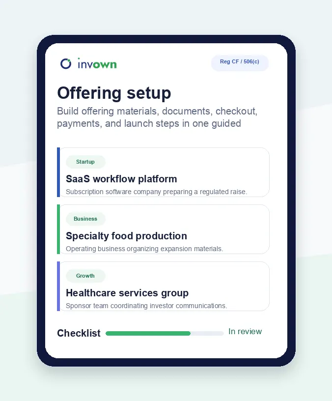 Invown offering setup dashboard for startups and operating businesses