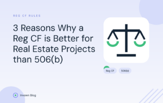 Illustration of balanced scales weighing Reg CF against Rule 506(b) for raising capital on real estate projects.