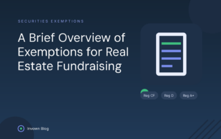 Illustration of a securities filing document outlining SEC exemptions for real estate fundraising, from Reg CF to Reg D and Reg A+.