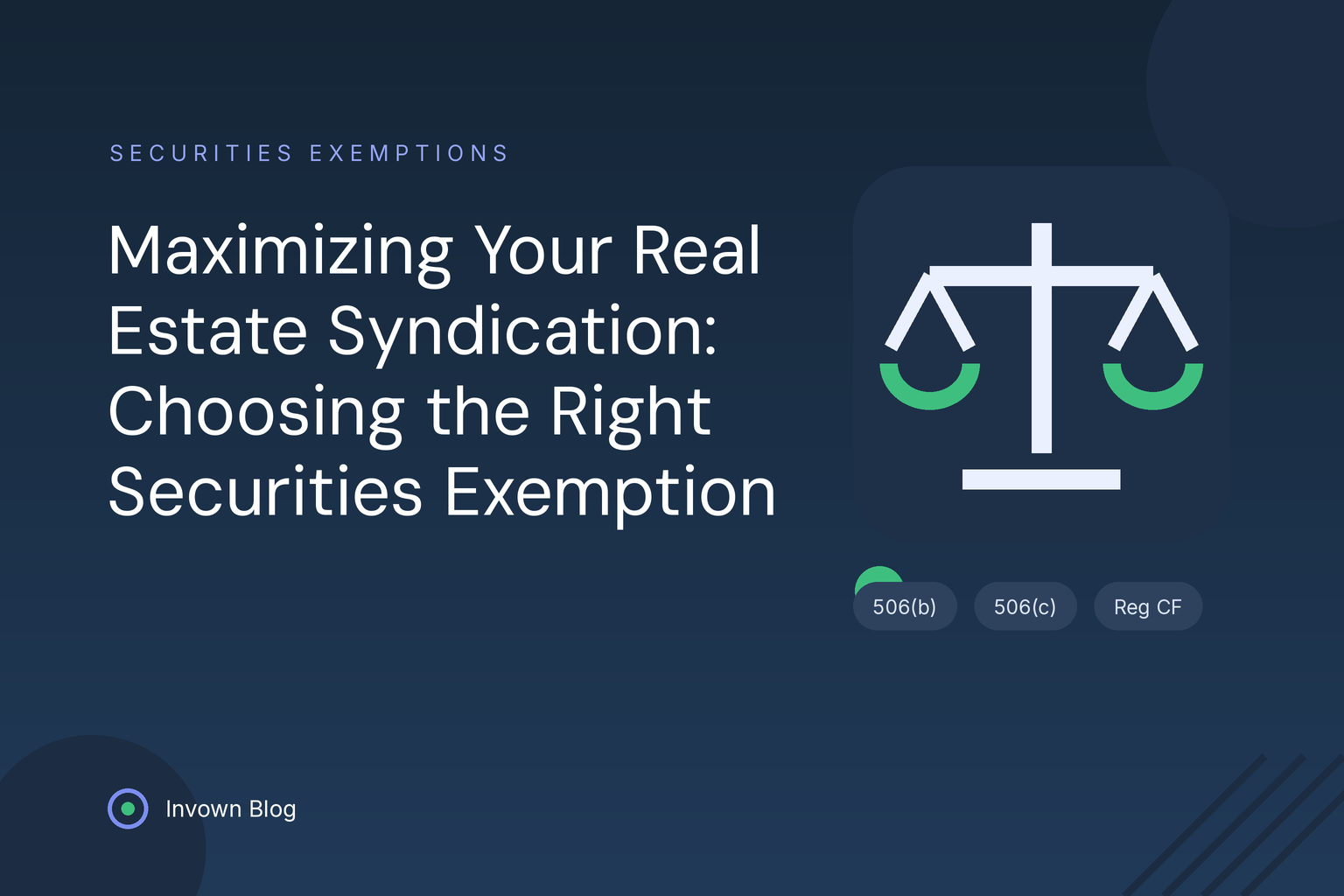 Illustration of balanced scales weighing securities exemptions like Reg CF and Rule 506 for real estate syndication offerings.
