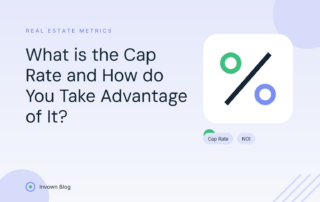 Illustration of a percent symbol and property metrics explaining the cap rate for real estate investors.