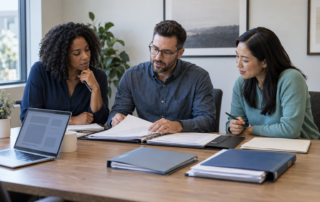 Business team reviewing organized records for a Regulation Crowdfunding launch