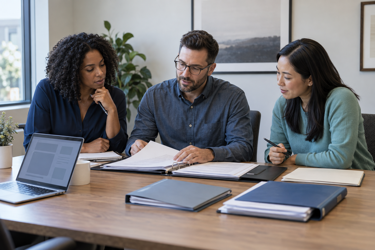 Business team reviewing organized records for a Regulation Crowdfunding launch