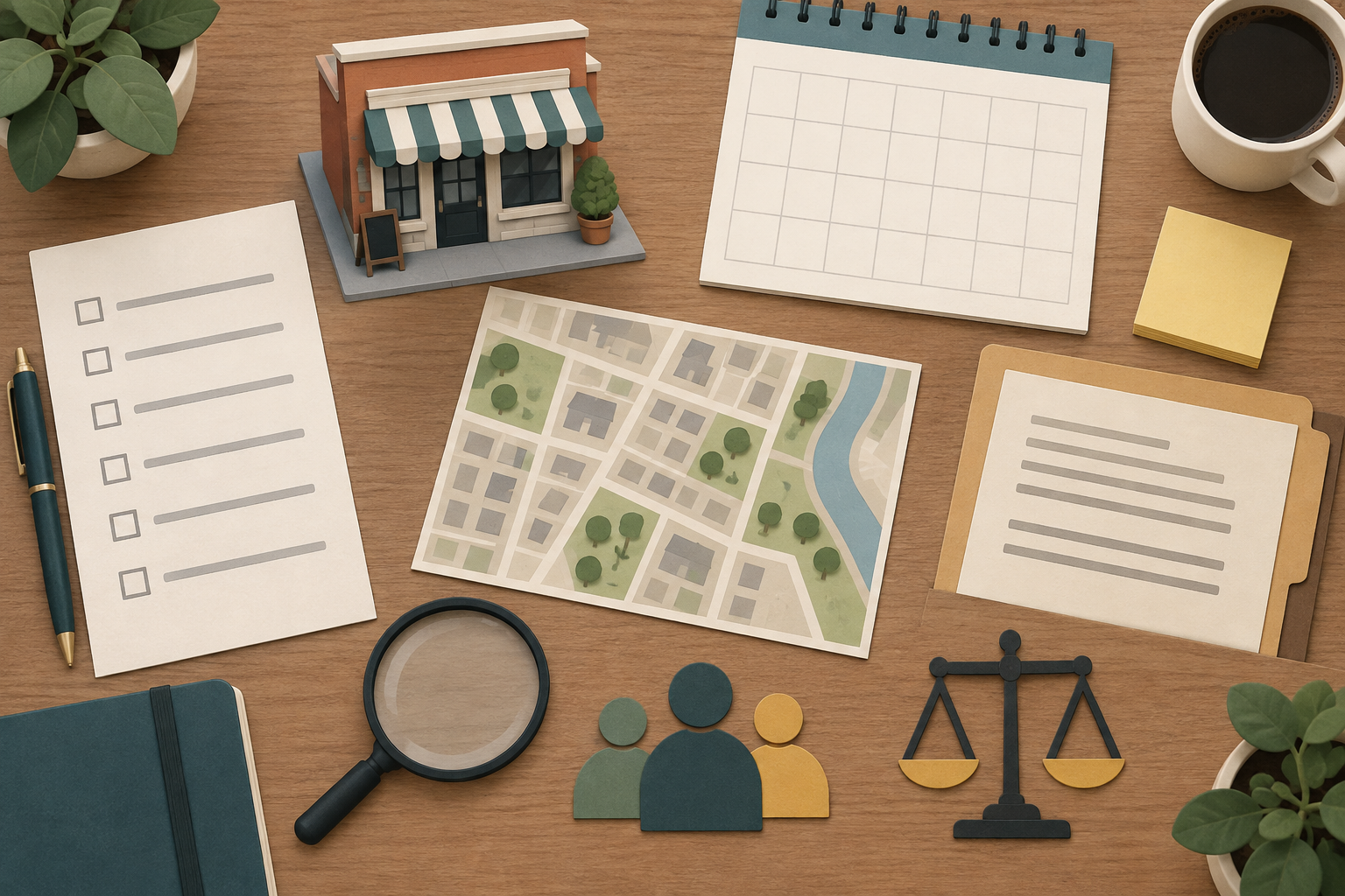 Local business crowdfunding readiness workspace with records, a calendar, neighborhood map, review tools, and a storefront model