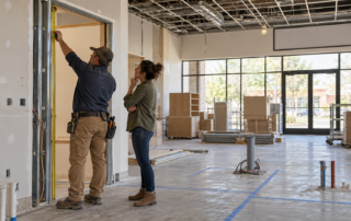 Franchise operator and contractor assess an unfinished retail location before an expansion decision