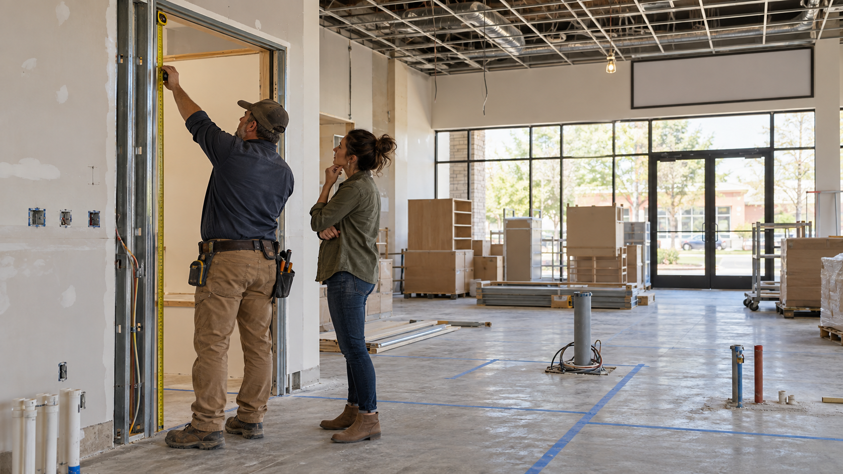 Franchise operator and contractor assess an unfinished retail location before an expansion decision