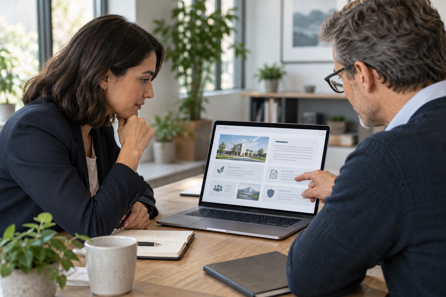 Founder and adviser reviewing the sections of a crowdfunding offering page before launch