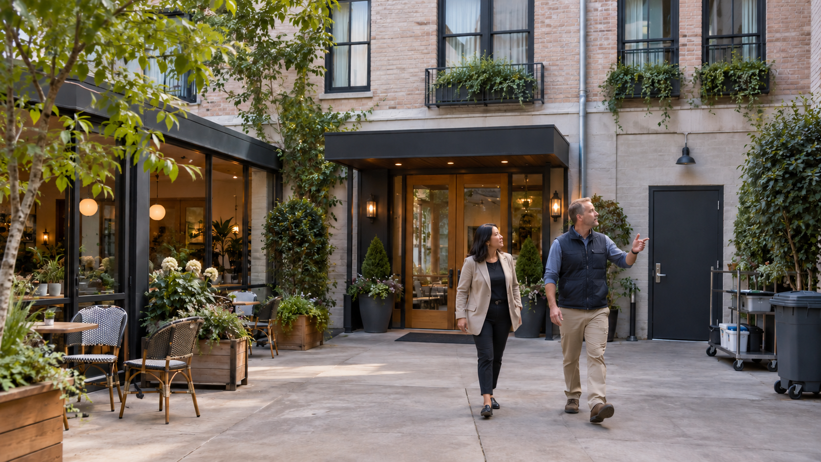 Hotel owner and facilities manager inspect an independent hospitality property before a capital planning decision